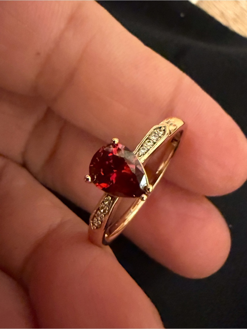 Gold Ring with Red Pear-Cut Gem and Pavé Accents